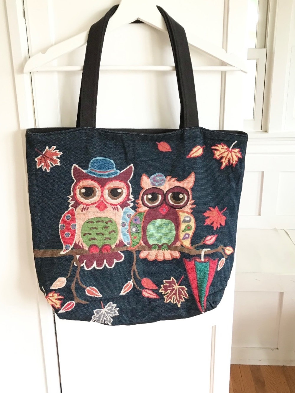 Fall Owl Tote Bag Embroidered Design Whimsical Owl Tote Bag